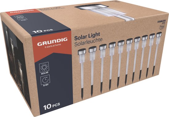 Grundig Solar-Gartenleuchten - Gartenfackeln 10 Stück - Solarstrom-Punktstrahler - Gartenlaternen mit weißem Licht - IP44 wasserdicht - Batterielebensdauer 6-8 Stunden - Ø4,8 x 36,5 cm - Edelstahl