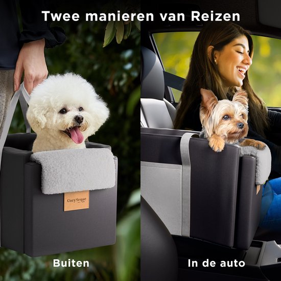 CozySense® Hundeautositz - Hundekorb Auto mit waschbarem Bezug - Für kleine Hunde - Passt in die Mittelkonsole - Auch als Tragetasche - Schwarz/Grau