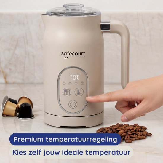 Safecourt kitchen Elektrischer Milchaufschäumer - 100% PFAS-frei - Display & Temperaturkontrolle - 4-in-1 - 350ml - Beige