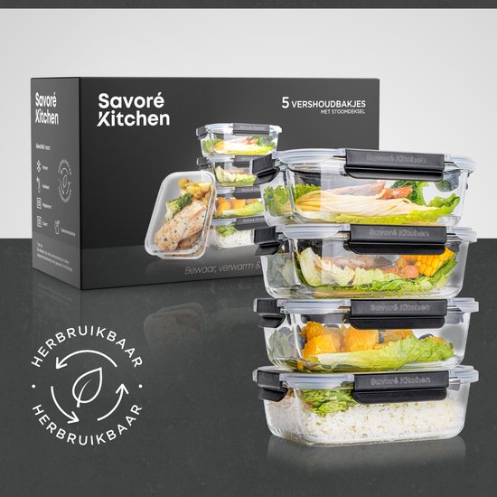 Savoré Küche Aufbewahrungsschalen Set - mit Dampf Deckel - Mahlzeit Prep Trays - Gefrierschrank Tabletts Glas - luftdicht - 5 Stück - 1040 ML