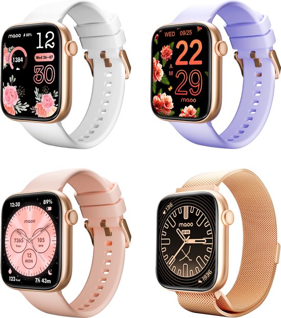 Maoo ProWatch AMOLED Smartwatch für Frauen und Männer - Milanese-Armband und 3 Silikonbänder - Schrittzähler - Herzfrequenzmesser - Blutdruckmesser - Schlafüberwachung - Multisport - Geeignet für Android und iOS - Pink Gold