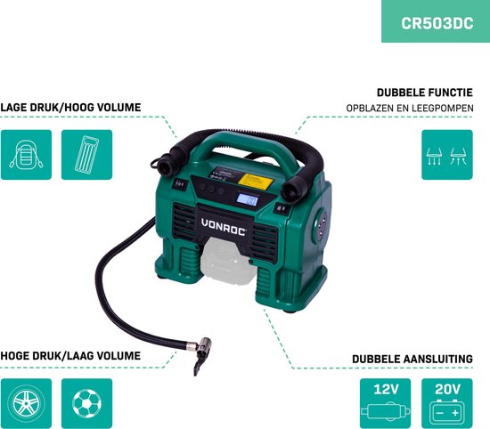 VONROC Accu-Kompressor - VPower 20V - Ohne Akku & Ladegerät - 20V Akku & 12V Anschluss - 11 bar - Inkl. 8 Zubehörteile