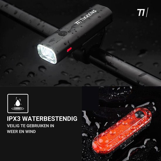 TIKKENS LED Fahrradlicht Set - USB wiederaufladbar - Vorderlicht & Rücklicht - MTB & Rennrad Beleuchtung - Wasserdicht - Schwarz