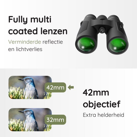 Volcan Wasserdichtes Fernglas 10x42 - Für Erwachsene - Gasgefüllt - HD - Mit Objektivkappen, Tragetasche und Nackenriemen - Schwarz