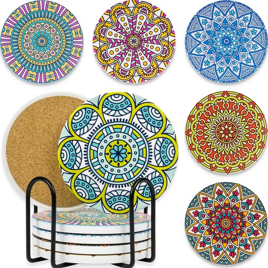Loti Living Untersetzer mit Halter - Untersetzer Design - Untersetzer Kork - Untersetzer Set - Untersetzer für Gläser - 6 Stück - Mandala Design