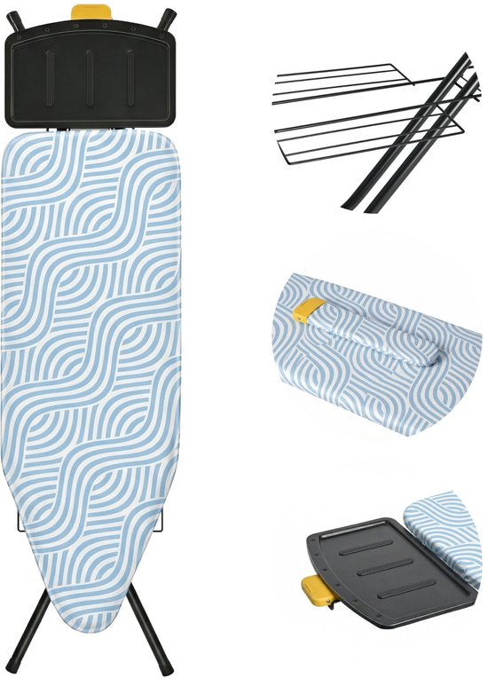 STAUS&BACH Bügelbrett X – für Dampfgenerator – 122 x 43,5 cm - Inklusive Ärmelbrett und Klappgestell - Höhenverstellbar von 76 bis 96 cm - Mit Halterung für Dampfbügeleisen - Blau - Ironiq Pro