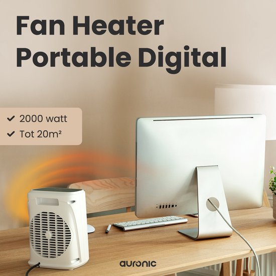 Auronic Heizlüfter Digital - Keramik-Heizgerät - Tragbar - 2000W Heizgerät - Weiß