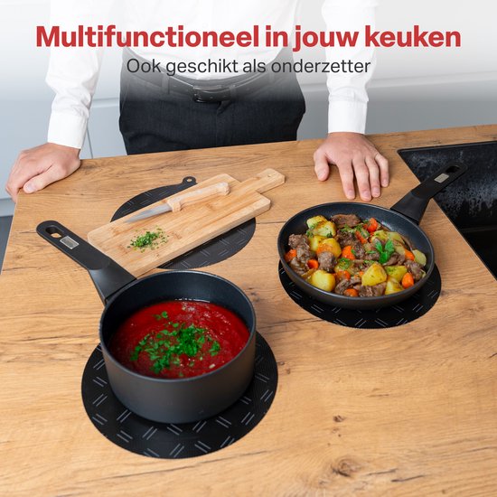 AoraKitchen Induktionsschutz - 4 Stück - bis zu 280°C - Kochplattenschutz - Untersetzer Pfannen - Ø 22cm - Schwarz