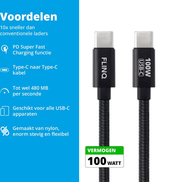 FlinQ - 2x USB C auf USB C Kabel 100W - Schnellladegerät für Smartphone, Tablet - Datenkabel und Ladegerät - 2 Meter langes Nylon-Ladekabel