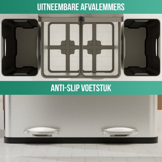 Avalo Mülleimer Abfalltrennung 60 Liter - Edelstahl Silber - 2 Fächer - Umweltbewusst, Hygienisch & Fingerabdruckfrei - Treteimer / Mülleimer