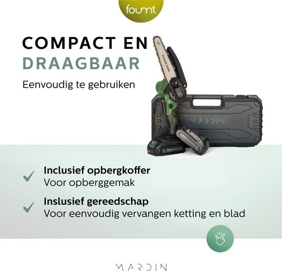 Mardin Mini-Kettensäge - Elektrische Astsäge - Baumsäge - Handkettensäge - Baumsäge - Heckenschere - 2 Batterien - Aufbewahrungskoffer - Grün