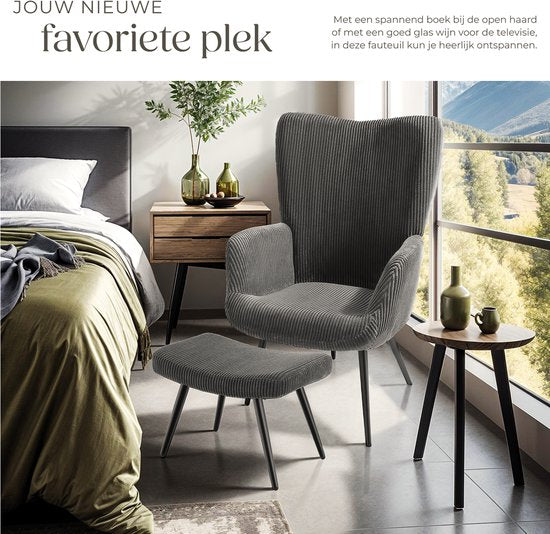 tectake® Ohrensessel mit Hocker - Skandinavischer Teddy Bouclé Sessel - Lounge und Wohnzimmersessel - Schwarze Metallbeine - Belastbarkeit 150kg - Cord - Grau