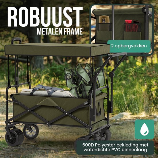 Avalo Bolderkar mit Dach XL faltbar - bis zu 110KG Tragfähigkeit - 120L - 97x60x105 CM - 360º Räder - Bolderwagen / Bolderwagen / Strandwagen / Trekkingwagen / faltbarer Bolderkar - Für Strand - Grün
