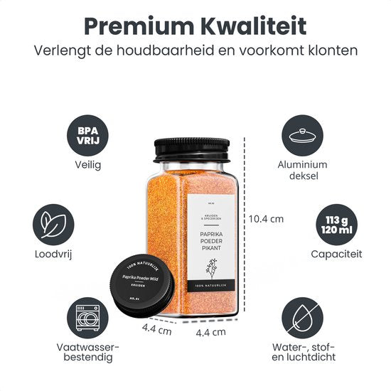 Organess 28 Glasgewürzdosen quadratisch mit schwarzem Deckel - 3 Arten von Streudeckeln - Gewürzstreuer - Gewürzdosen - Komplettset inkl. Gewürzsticker, Kreidestift und Zubehör - 120ml