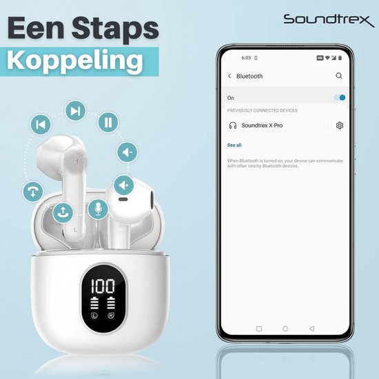 Soundtrex X-Pro Wireless Earphones - Bluetooth-Ohrhörer - Earpods kabellos - LED-Anzeige - Bluetooth 5.3 - Weiß