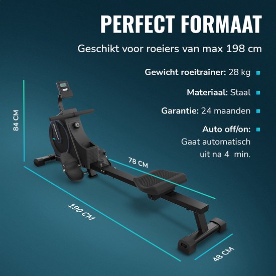 Flowsense Rudergerät - Zusammenklappbares Rudergerät - Geräuschlos - Magnetisches Rudergerät Fitness - Rudertrainer - 16 Widerstandsstufen - LCD Monitor