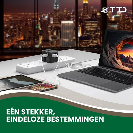TTD® World Universal Plug - Reisestecker Typ A B C E F G I mit USB-C und 4x USB-A Schnellladung - Geeignet u.a. für Amerika, Australien, England und Japan - Reiseadapter - Reiseadapter