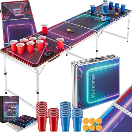 tectake® Bier-Pong-Tisch - Mit Partydekoration - LED-Beleuchtung - Bier-Pong-Tisch höhenverstellbar und klappbar - Trinkspiel mit Zubehör - 100x Plastikbecher, 6x Tischtennisbälle, Kartenspiel mit Karten