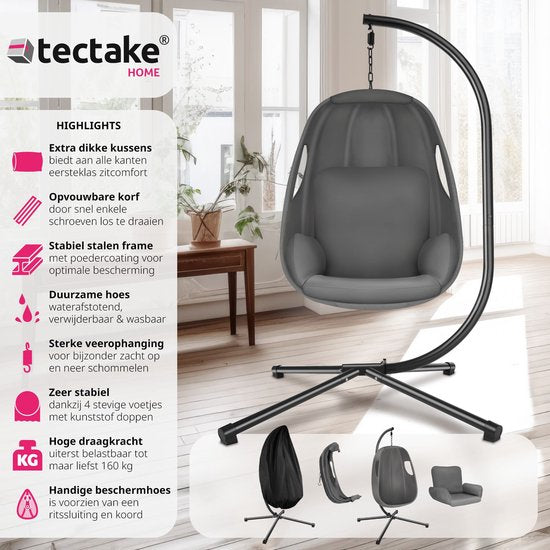 tectake Hängesessel mit Gestell - Schaukelstuhl mit Kissen + Rückenkissen - Möbel für Wohn- oder Schlafzimmer - Balkonmöbel - Für drinnen oder draußen - Bis 160 kg - Anthrazit