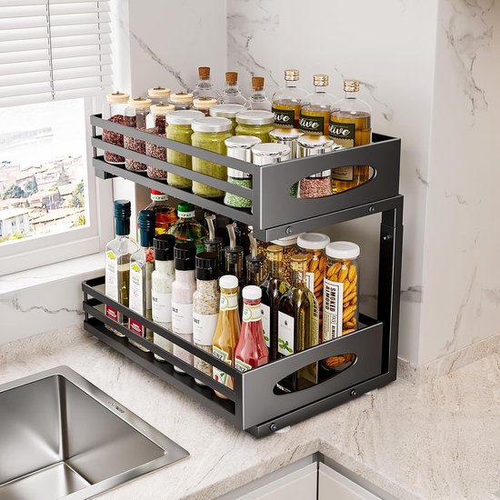 Posity Küchenschrank-Organizer - Spülenschrank-Organizer - Arbeitsplatten-Organizer - Aufbewahrungsregal - Badezimmer-Organizer - Küchenregal - ausziehbar - Metall - Schwarz