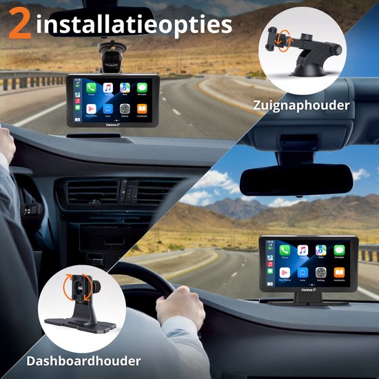 Vertrex Smart Car Display - Bildschirm kompatibel mit Carplay und Android Auto - Car Play - Kabellos - 7-Zoll - Touchscreen - Schwarz