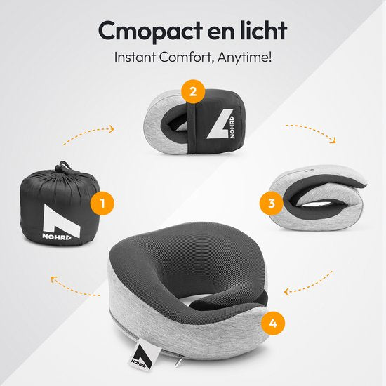 NOHRD Aircraft Neck Pillow - Reisekissen - Grau - Memory Foam - Inkl. Ohrstöpsel, Schlafmaske & Tragetasche - Memory Foam - Nackenstütze