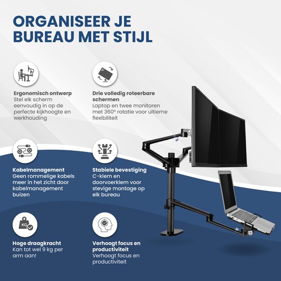 TTD - Monitorarm für 2 Monitore und 1 Laptop - Vollständig drehbar - Höhenverstellbar - Aluminium - Schwarz