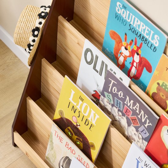SoBuy KMB32-N Bücherregal für Kinder, Spielzeug, Bücherregal, 4 Ebenen, mit 2 Haken, Bücherregal, Aufbewahrungsschrank, Schlafzimmer, Büro, Wohnzimmer, natur, 91 x 30 x 89 cm