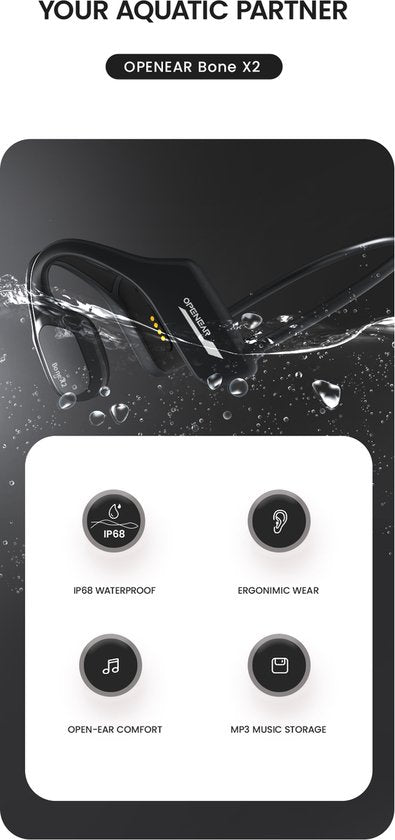 OPENAIR Bone x2 - Wasserdichte Schwimm-Kopfhörer mit MP3-Player 32GB & Bluetooth 5.2 - Knochenleitungs-Sport-Kopfhörer - IPX8 wasserdicht - kabelloses Schwimm-Headset für Schwimmen, Laufen & Fitness