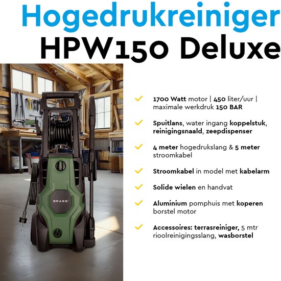 BRASQ Hochdruckreiniger Deluxe - Terrassenreiniger - Hochdrucksprühgerät - 1700W - 150 bar - 450 L/H - Komplettset