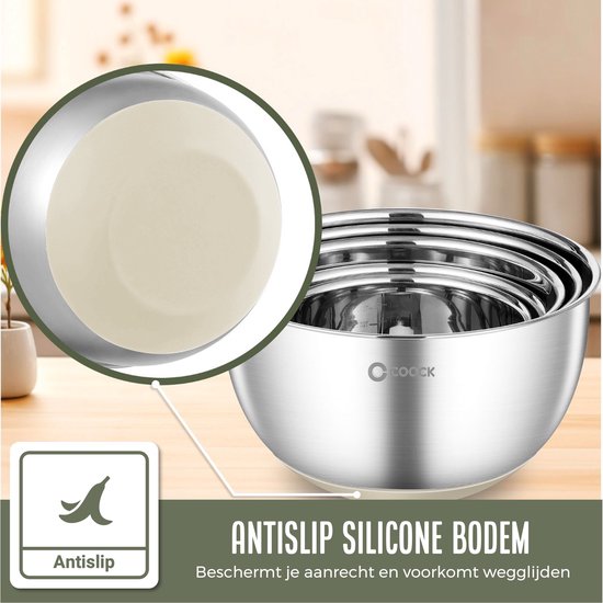 COOCK Edelstahl Rührschüsselset mit Deckel - Bratschüsseln mit Deckel - Vorratsschüssel mit Reibe - Schüssel für Salate & Mischungen - 22-teiliges Set 1,5 bis 5 Liter - Beige - inkl. Messlöffel