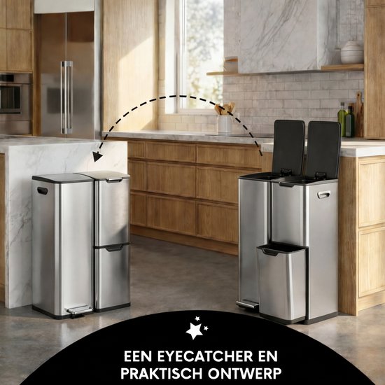Bayt Mülleimer - Mülleimer 60 Liter - Mülleimer 60 Liter - Treteimer 60 Liter - Mülleimer Mülltrennung - Mülleimer 3 Fächer - Mülleimer - Edelstahl - Silber
