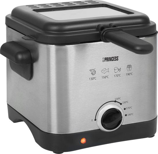 Princess Mini-Fritteuse 182612 - 1,5 Liter - Einstellbarer Thermostat - Geruchsfilter - Sichtfenster - Kompakt - Geeignet für Camping - 1000W - Gebürsteter Edelstahl