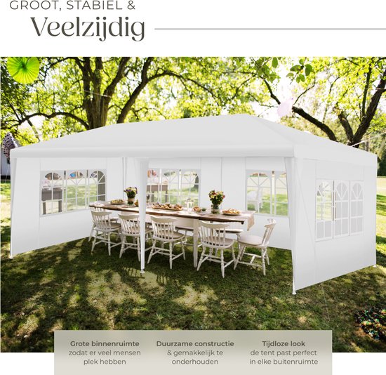 tectake® Pavillon Novara - Partyzelt 3x6 m - Wasserdichte Plane mit 5 abnehmbaren Seitenwänden - Wetterfester Gartenpavillon - Inklusive Spannleinen und Heringe - Weiß