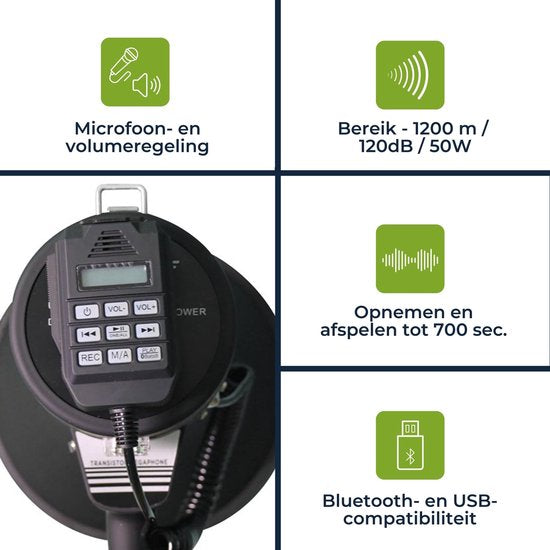 Velleman Megaphon-Set 50W mit Sirene, inkl. Batterien, 700s Aufnahme, Lautstärkeregler, Bluetooth, USB, Handmikrofon, 1200m Reichweite, 120dB, tragbares ABS-Design, mattschwarz