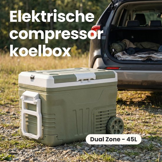 Auronic Electric Cool Box - Kompressor - 2 Zonen - 45L - 12/24V und 240V - Kühlen und Gefrieren - Campingkühlschrank - Frigobox Auto - Mit Rädern und Griff - Grün