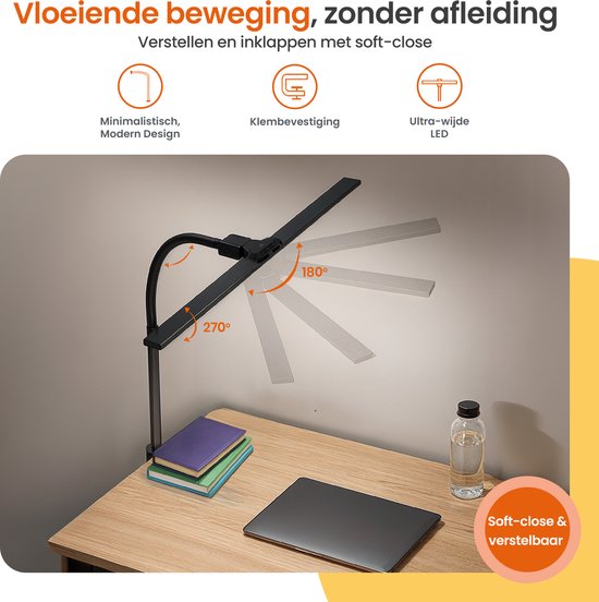 Goliving Schreibtischlampe mit Klemmhalterung XL - 78 CM - LED dimmbar mit Fernbedienung - Klemmhalterung - Tischlampe - Leselampe - Flexibel - LED Lampe - Touch Control - Softclose - Schwarz
