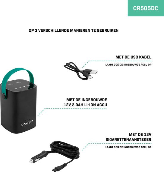 VONROC Kabelloser Mini-Kompressor 12V - Eingebauter 2.0Ah Akku - Digitales Display / Manometer