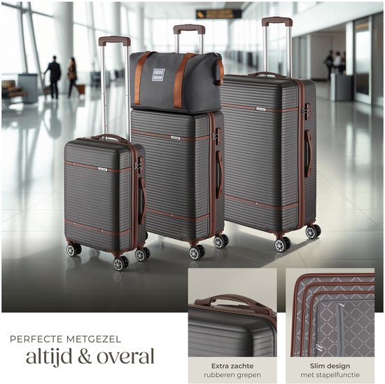 tectake® Kofferset - 13-teiliges Reiseset - Koffer - Kofferset - Reisegepäck-Set Inklusive Handgepäckkoffer, Geräumiger Reisekoffer groß, Reisetasche, Kulturbeutel, Zubehörtasche - Trolley mit TSA-Schloss - Anthrazit