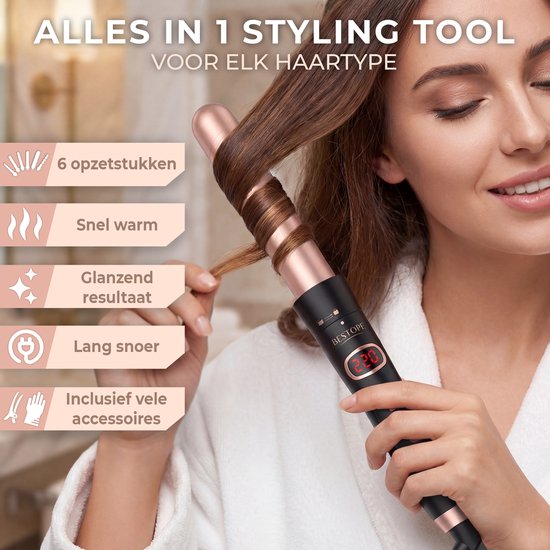 Bestope 6 in 1 Lockenstab mit Aufsätzen - Keramischer Lockenstab - 13 bis 32 mm - Roségold