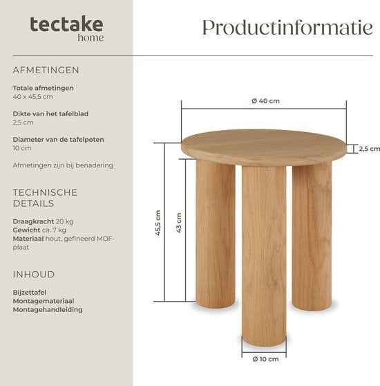 tectake® Runder Beistelltisch Sisi - Ø 40 x 45,5 cm - Massivholzbeine - Couchtisch - Nachttisch - Runder Tisch mit Anti-Rutsch-Bodenschonern