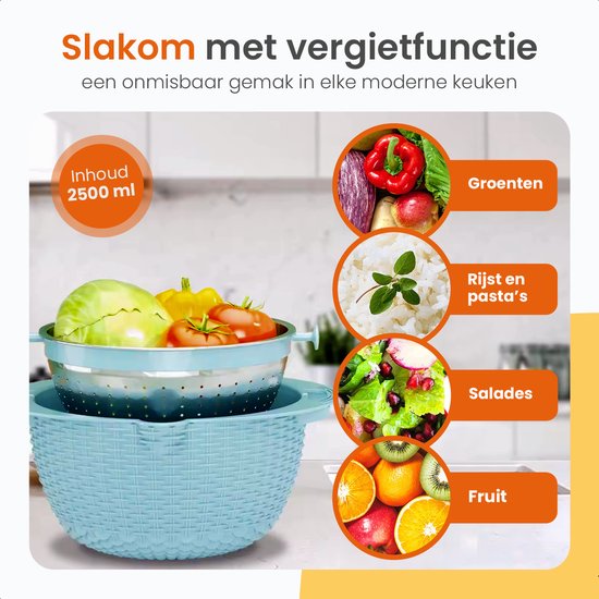 Goliving Salatschüssel - 2,5L - Ø 26 cm - Rührschüssel - Sieb - Bratschüssel mit Deckel - Servierschüssel - Gemüseschneider - Hackmesser - Blau