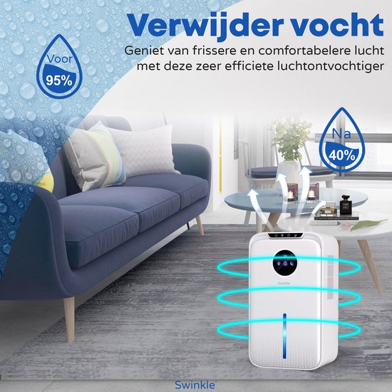 Swinkle Luftentfeuchter - 2.5L - Entfeuchtet bis zu 1L pro Tag - Mit Ionisator & 7-Farben LED - Leise & Energieeffizient - Für Schlafzimmer, Bad & Wohnzimmer - Weiß