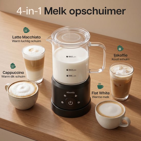 Kitchify Milchschaumer aus Glas – Elektrischer Milchschaumer – Mit Ausgießer – 4-in-1 – Milk Frother – Schwarz
