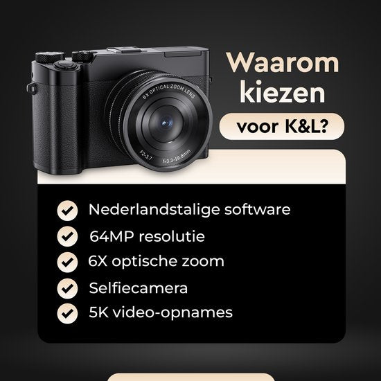 K&L Digitalkamera 5K - 64MP - 6X optischer Zoom - Fotokamera - Kompaktkamera - Vlog-Kamera - Ideal für Einsteiger - Inklusive 64GB - NL Software