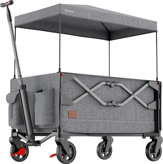 LifeGoods Wagon - faltbar - Kindertransport - mit Dach - 80KG Tragfähigkeit - Strandwagen - schwenkbare Räder - grau