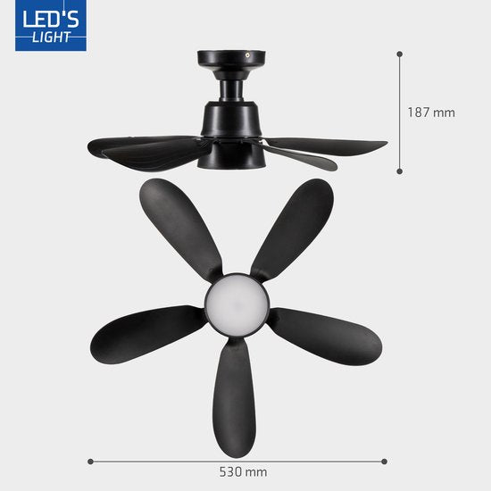 LED's Light – Schwarzer Deckenventilator mit Leuchte – Ø 53 cm – Einstellbare Lichtfarbe – 25 W, 1100 lm, 3000 K/6500 K – Deckenleuchten mit Ventilator und Leuchte