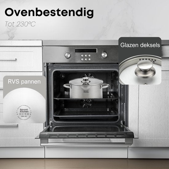 Savoré Kitchen 8-teiliges Pfannenset - Edelstahl - Kochtöpfe mit Glasdeckel - Induktionspfannen - Abtropfrand, Graduierung und Ausgießer