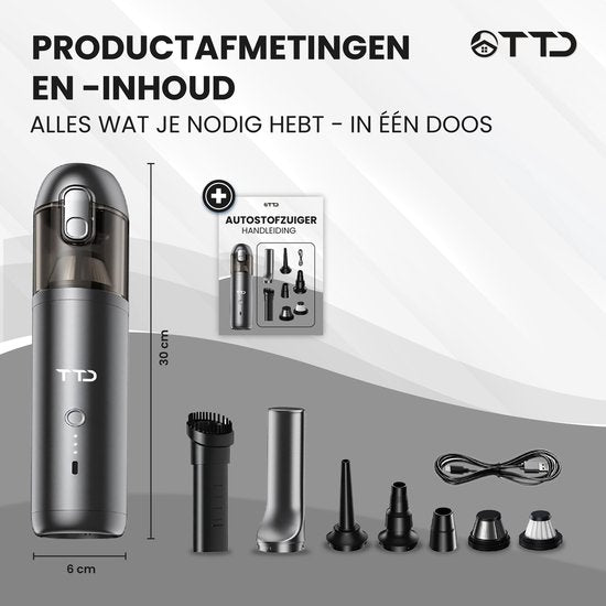 TTD® Premium Auto Staubsauger Kabellos und wiederaufladbar - 17.000 Pa - Handstaubsauger - Blasen & Saugen - Hitzebeständig - Kompaktes Design - Mit HEPA-Filter