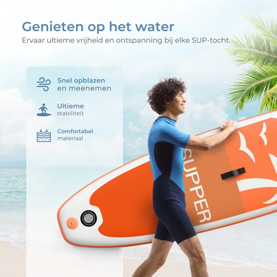 Supper Sup Board XL - Max. 220KG - Aufblasbar - Paddle Board - Wasserdichte Handytasche - Pumpe - Flosse - Leash - Tragetasche - 335 x 81 cm - Orange